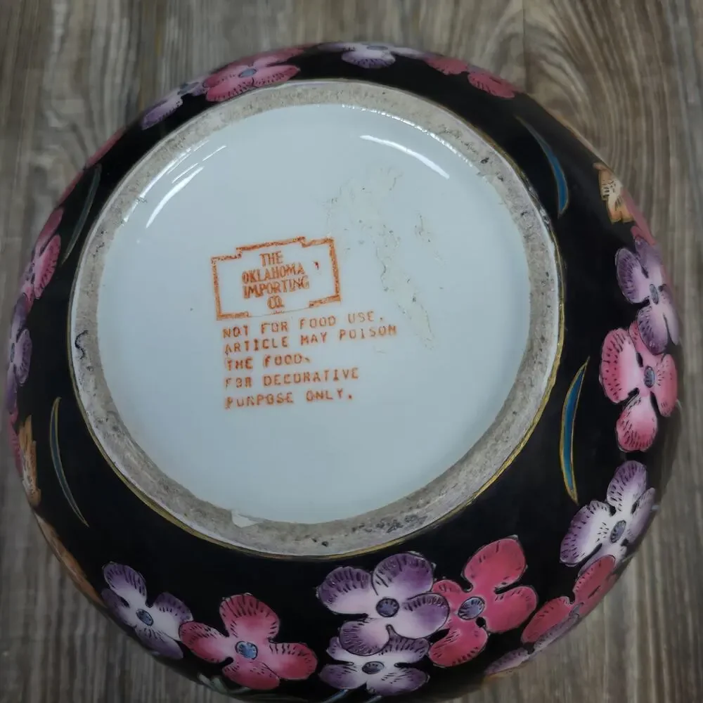 Vintage Hand Painted Floral Black Planter, Oklahoma Importing Co - Picture 6 of 7